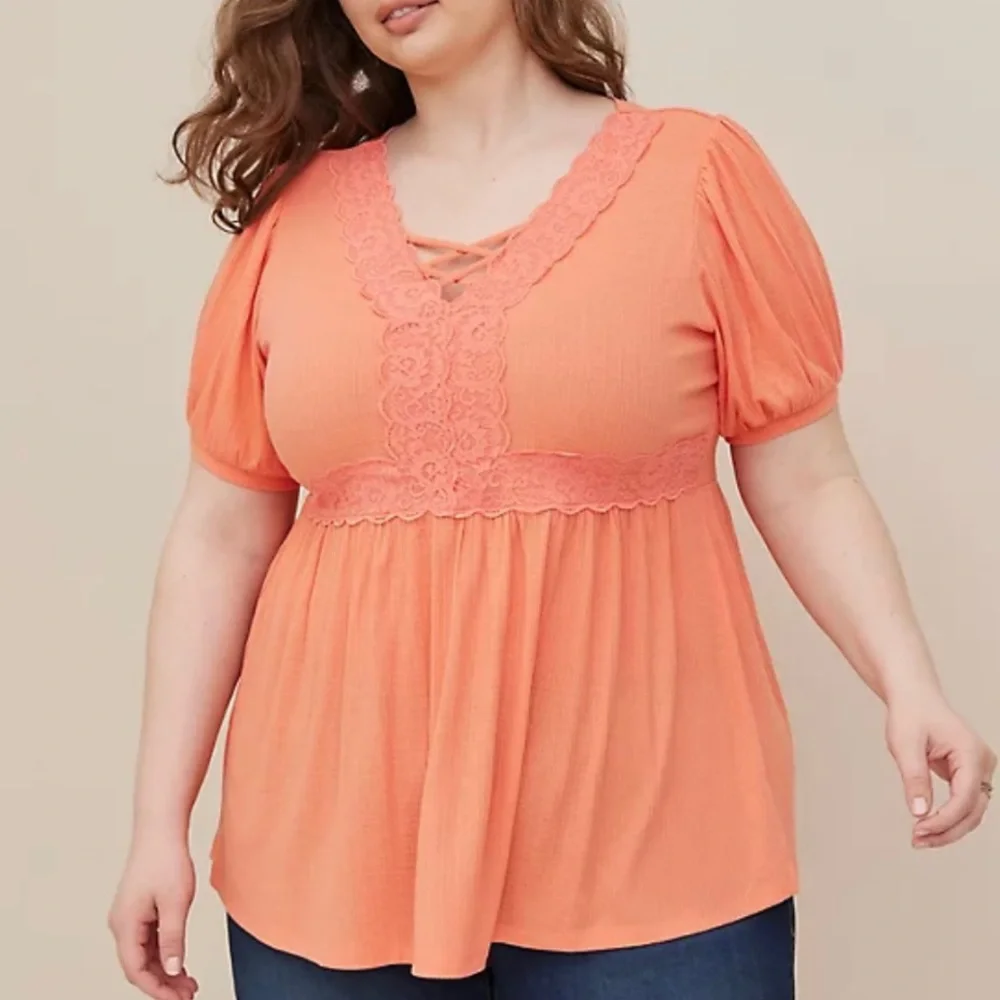 NEW Torrid Coral Babydoll Textured Knit Strappy Short Sleeve Top, Size 2 - Picture 1 of 8